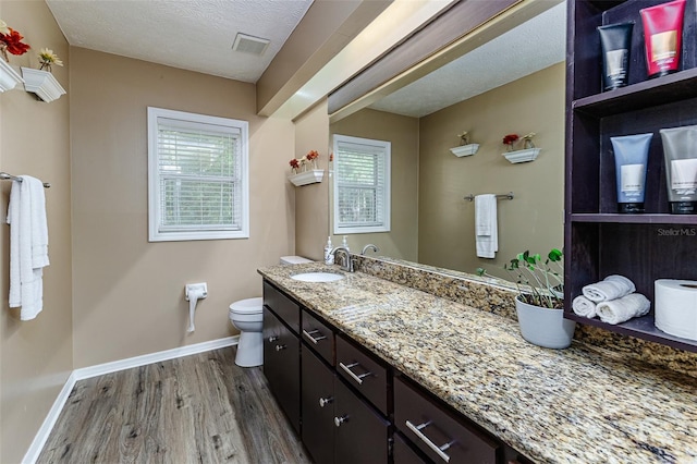 418 N Rd, Lakeland, FL 33809 - bathroom with wood finished floors, vanity, toilet, baseboards, and a textured ceiling