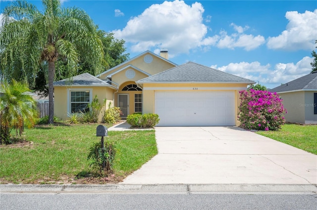 630 Heather Glen Loop, Winter Haven, FL 33884 - ranch-style home with a garage, a front yard, stucco siding, driveway, and a chimney