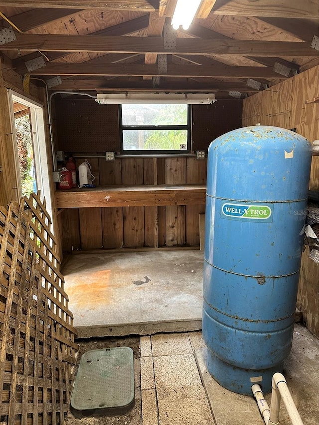9402 Cat Track Trl, Lake Wales, FL 33898 - basement featuring healthy amount of natural light, a water pressure tank, and wood walls