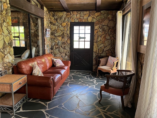 9402 Cat Track Trl, Lake Wales, FL 33898 - living area with wood ceiling, stone floors, and beamed ceiling