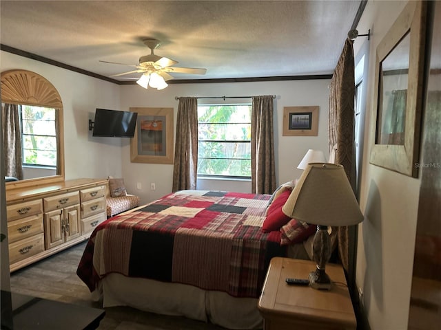 9402 Cat Track Trl, Lake Wales, FL 33898 - bedroom with multiple windows, crown molding, ceiling fan, and wood finished floors