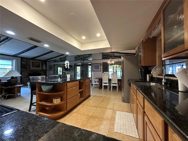 9402 Cat Track Trl, Lake Wales, FL 33898 - kitchen featuring a sink, open shelves, healthy amount of natural light, light tile patterned floors, and recessed lighting