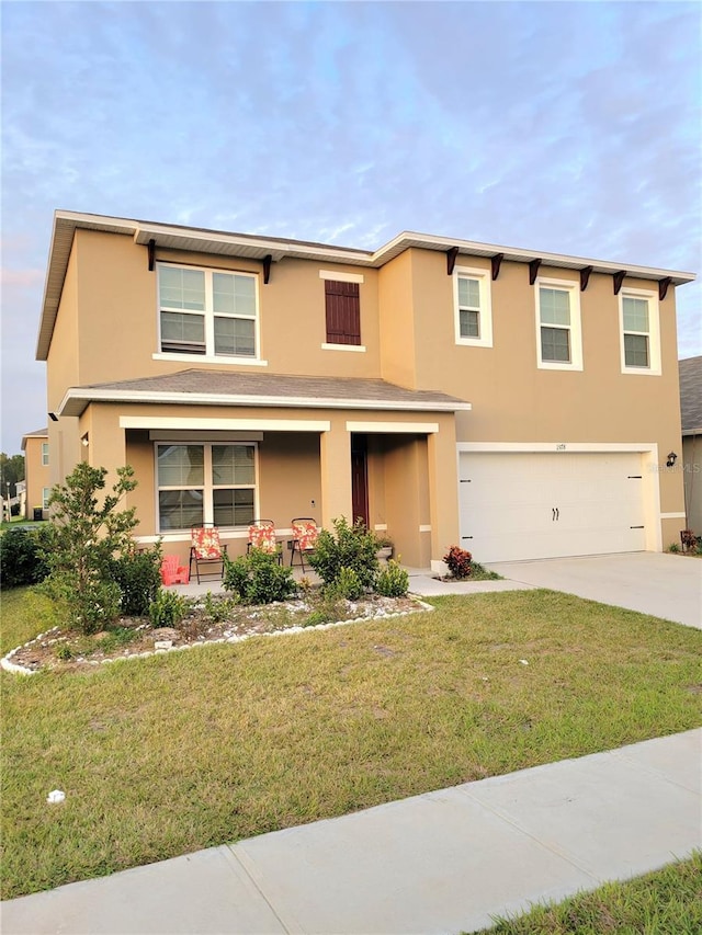 1378 Fox Squirrel Dr, Davenport, FL 33897 - view of front of house featuring stucco siding, concrete driveway, a garage, a porch, and a front yard