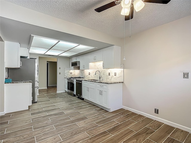 560 Saint Andrews Rd, Winter Haven, FL 33884 - kitchen featuring appliances with stainless steel finishes, wood tiled floors, a ceiling fan, baseboards, and a textured ceiling