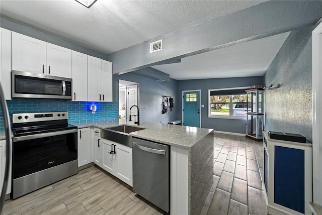 1140 W Seminole Trl, Bartow, FL 33830 - kitchen featuring appliances with stainless steel finishes, a sink, wood tiled floors, a peninsula, and tasteful backsplash
