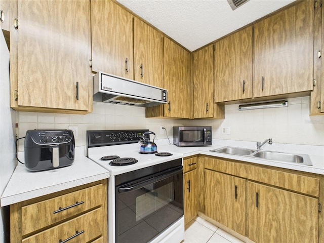 2700 Bayshore Blvd Unit 3210, Dunedin, FL 34698 - kitchen featuring electric range, stainless steel microwave, ventilation hood, a sink, and light countertops