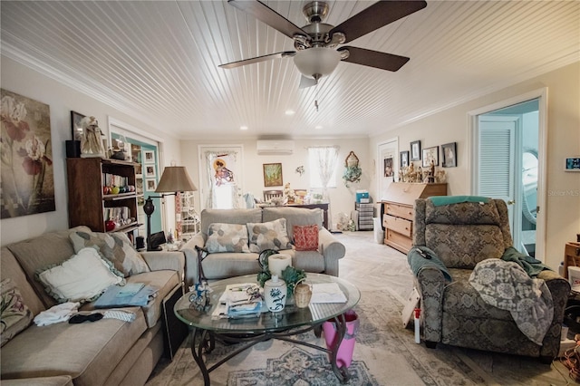 2213 W Pilaklakaha Ave, Auburndale, FL 33823 - living area featuring a wall mounted air conditioner, crown molding, a ceiling fan, wood ceiling, and recessed lighting