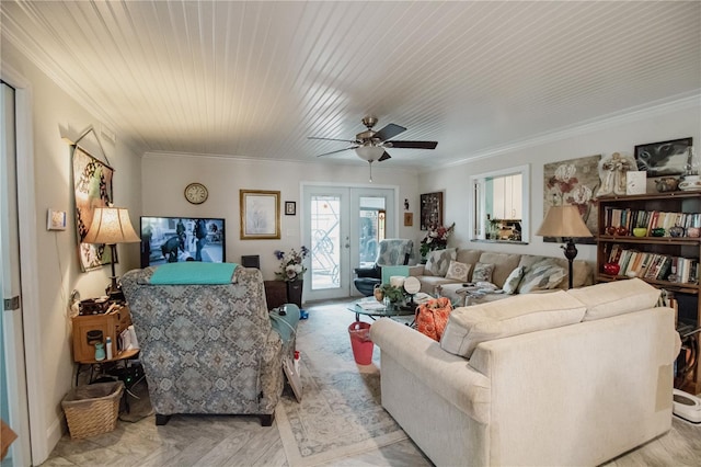 2213 W Pilaklakaha Ave, Auburndale, FL 33823 - living area featuring crown molding, a ceiling fan, wood ceiling, and french doors