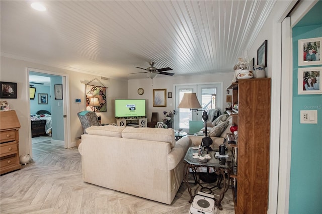 2213 W Pilaklakaha Ave, Auburndale, FL 33823 - living room featuring crown molding, ceiling fan, and french doors