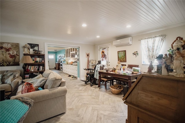 2213 W Pilaklakaha Ave, Auburndale, FL 33823 - living area featuring a wall mounted AC, ornamental molding, and recessed lighting