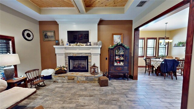 540 Phillips Rd, Sebring, FL 33875 - living area featuring a chandelier, a fireplace, wooden ceiling with exposed beams, and wood finished floors