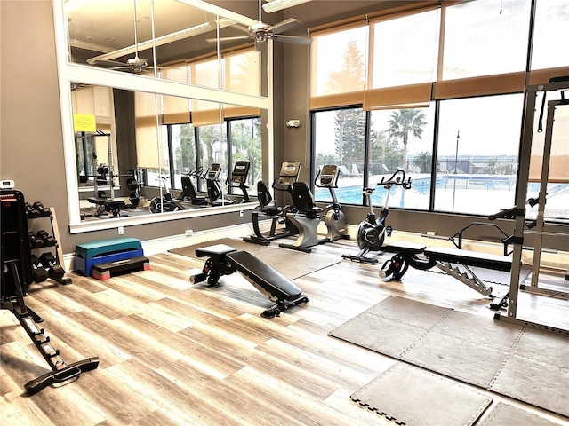 505 Adams View Ln, Auburndale, FL 33823 - exercise room with wood finished floors, plenty of natural light, ceiling fan, and a towering ceiling