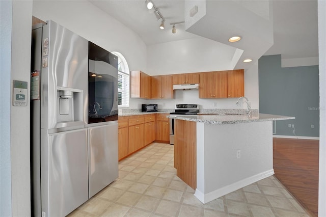 362 Lake Daisy Cir, Winter Haven, FL 33884 - kitchen featuring appliances with stainless steel finishes, under cabinet range hood, vaulted ceiling, light stone counters, and a sink