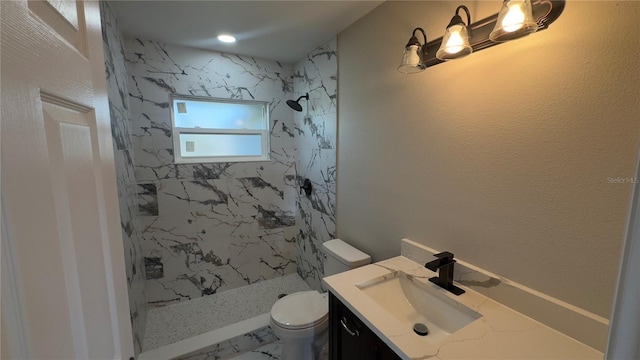 1735 Council Dr, Sun City Center, FL 33573 - bathroom featuring toilet, vanity, a marble finish shower, and marble look tile flooring