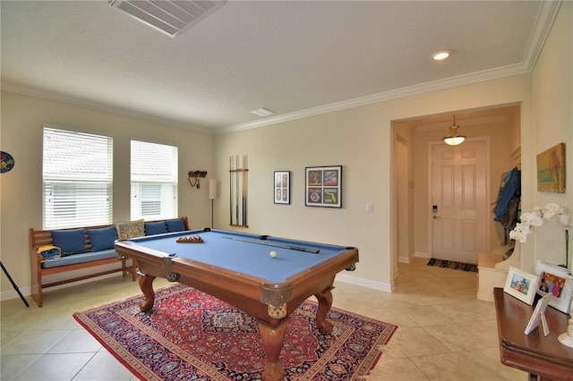 1433 Bunker Dr, Davenport, FL 33896 - rec room featuring light tile patterned flooring, billiards, crown molding, and baseboards