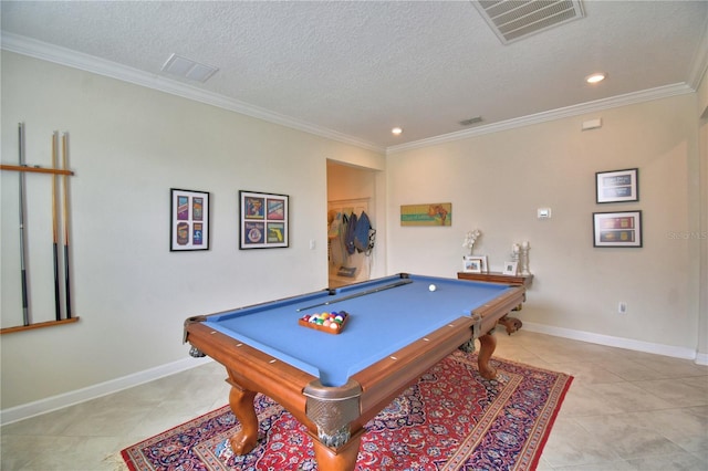 1433 Bunker Dr, Davenport, FL 33896 - rec room with a textured ceiling, pool table, crown molding, recessed lighting, and baseboards
