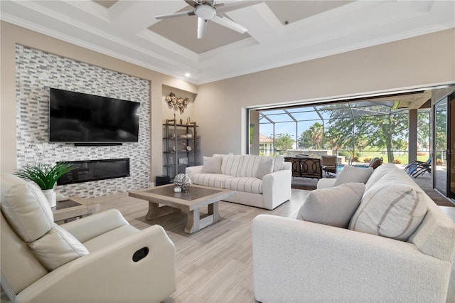 209 Pine Lilly Ct, Lake Alfred, FL 33850 - living area featuring a ceiling fan, coffered ceiling, a sunroom, light wood finished floors, and beam ceiling