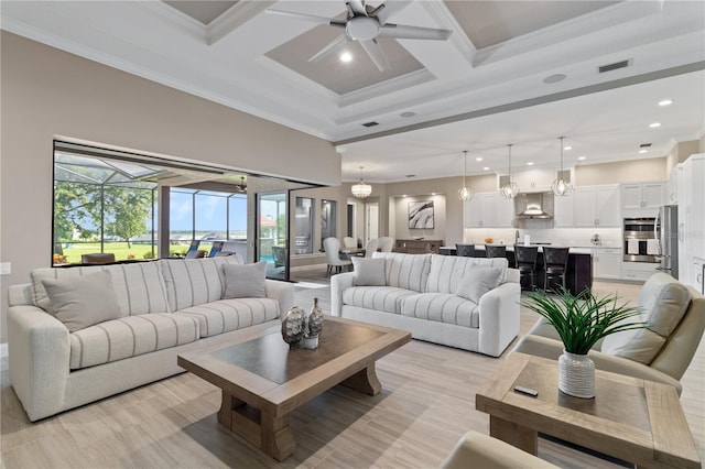 209 Pine Lilly Ct, Lake Alfred, FL 33850 - living room featuring crown molding, ceiling fan, coffered ceiling, and recessed lighting