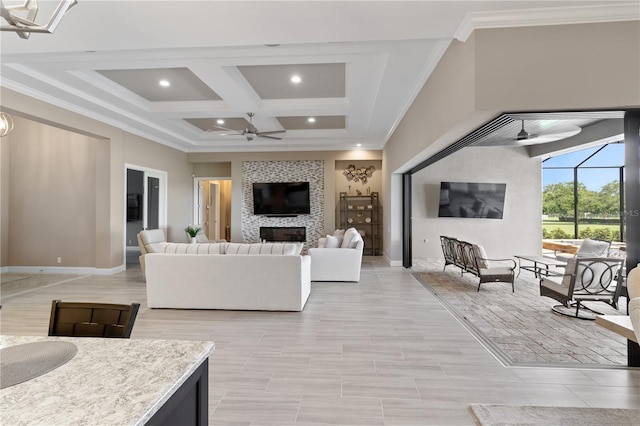 209 Pine Lilly Ct, Lake Alfred, FL 33850 - living area featuring a ceiling fan, crown molding, coffered ceiling, baseboards, and recessed lighting