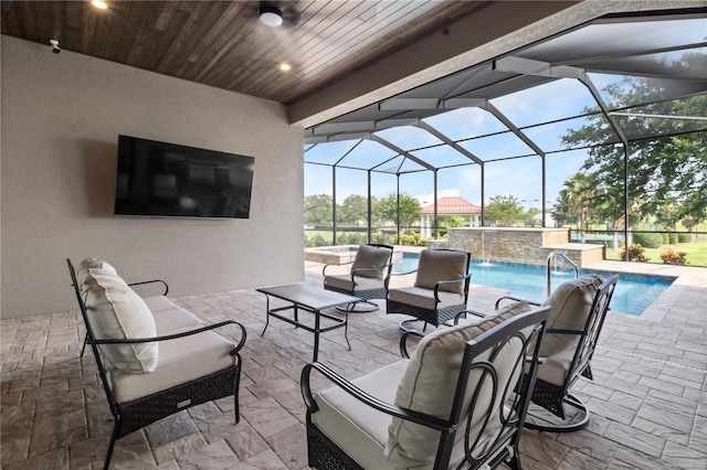 209 Pine Lilly Ct, Lake Alfred, FL 33850 - view of patio with outdoor lounge area, an outdoor pool, a ceiling fan, and a lanai