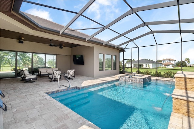 209 Pine Lilly Ct, Lake Alfred, FL 33850 - view of pool featuring an outdoor hangout area, a patio, a pool with connected hot tub, ceiling fan, and glass enclosure