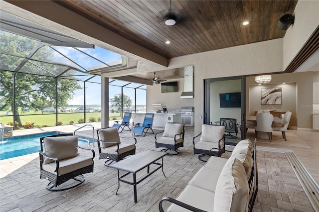 209 Pine Lilly Ct, Lake Alfred, FL 33850 - view of patio / terrace featuring an outdoor living space, an outdoor pool, a lanai, and a ceiling fan