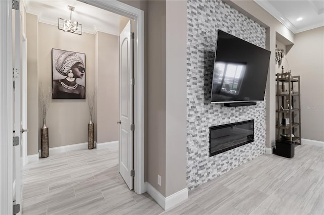 209 Pine Lilly Ct, Lake Alfred, FL 33850 - living area featuring crown molding, baseboards, a fireplace, wood finish floors, and recessed lighting
