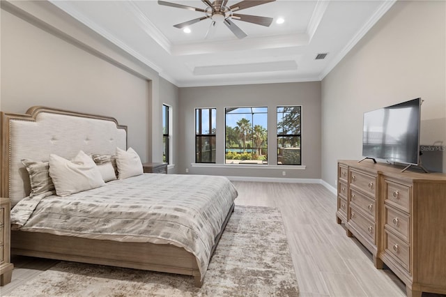 209 Pine Lilly Ct, Lake Alfred, FL 33850 - bedroom featuring a tray ceiling, light wood-style floors, baseboards, crown molding, and recessed lighting