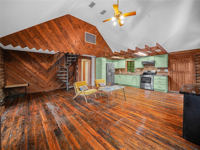 2530 Arbuckle Shores Rd, Frostproof, FL 33843 - living room featuring hardwood / wood-style flooring, high vaulted ceiling, a ceiling fan, and wooden walls