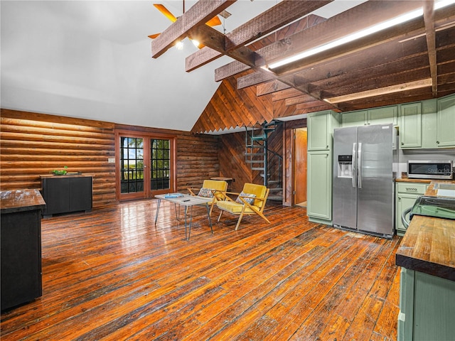 2530 Arbuckle Shores Rd, Frostproof, FL 33843 - kitchen with green cabinets, stainless steel appliances, dark wood finished floors, butcher block countertops, and wood walls
