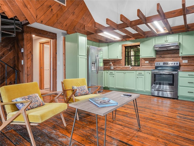 2530 Arbuckle Shores Rd, Frostproof, FL 33843 - living room with coffered ceiling, dark wood-style floors, beam ceiling, and wood walls