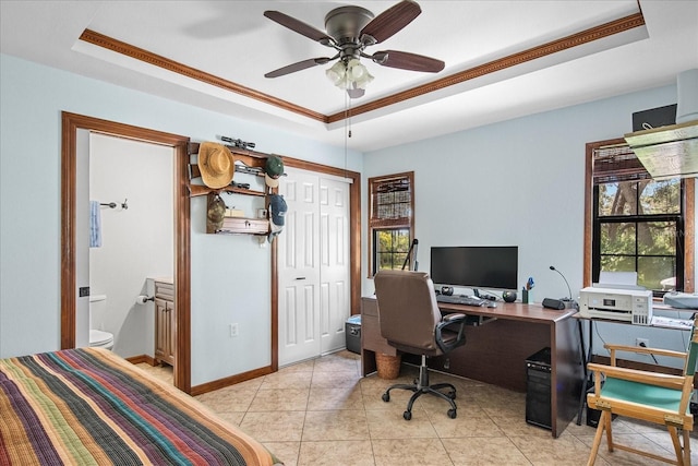 1273 Scrub Jay Trl, Frostproof, FL 33843 - bedroom with a raised ceiling, multiple windows, an office area, and ornamental molding