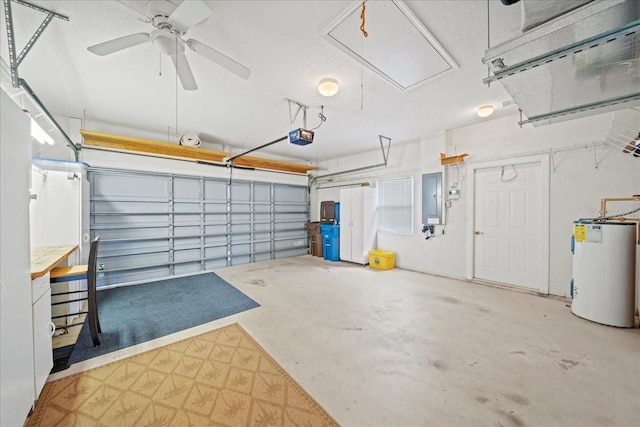 4254 Berwick Dr, Lake Wales, FL 33859 - garage featuring water heater, electric panel, ceiling fan, and a garage door opener