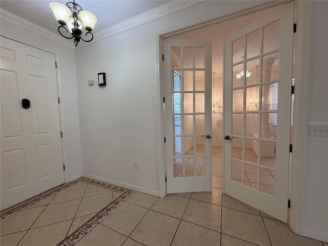 4469 Turnberry Ln, Lake Wales, FL 33859 - doorway with a chandelier, light tile patterned flooring, crown molding, and french doors