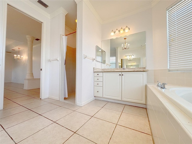 4469 Turnberry Ln, Lake Wales, FL 33859 - bathroom with a chandelier, a bath, crown molding, vanity, and tile patterned floors