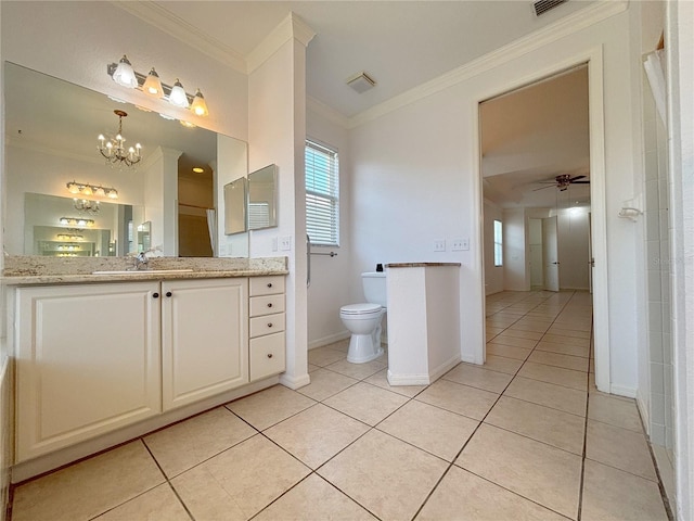 4469 Turnberry Ln, Lake Wales, FL 33859 - bathroom featuring ornamental molding, vanity, a ceiling fan, a chandelier, and tile patterned floors