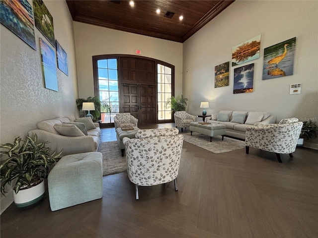 4469 Turnberry Ln, Lake Wales, FL 33859 - living area featuring wood ceiling, ornamental molding, recessed lighting, a textured wall, and parquet floors