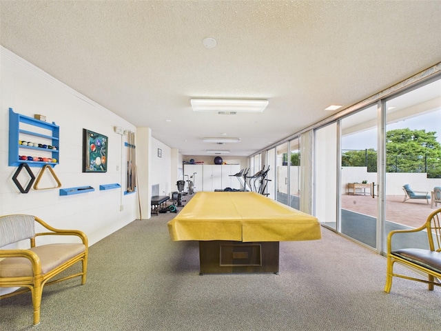 700 Mirror Ter NW Unit 702, Winter Haven, FL 33881 - playroom with billiards table, a textured ceiling, a wall of windows, and carpet floors