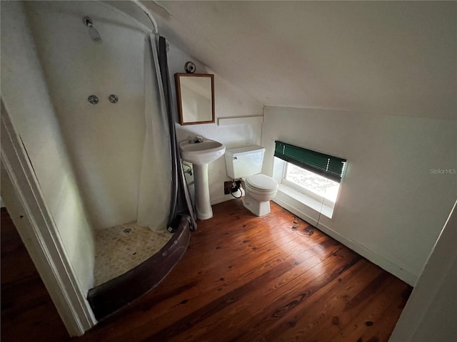 1805 S Lake Reedy Blvd, Frostproof, FL 33843 - bathroom with vaulted ceiling, wood finished floors, and a stall shower