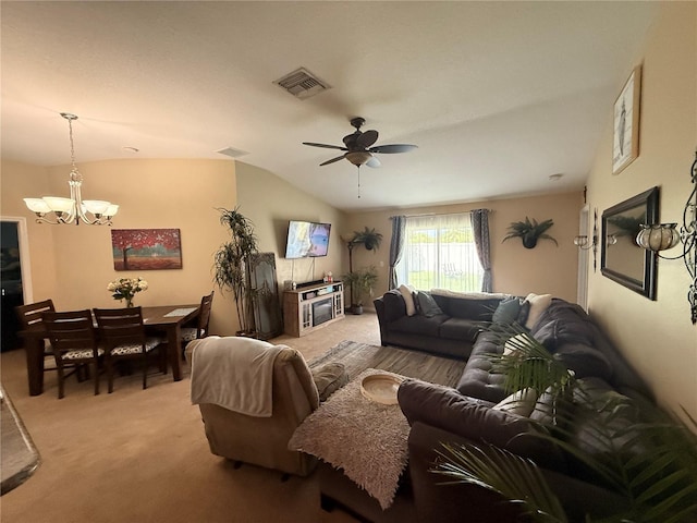 13443 Graham Yarden Dr, Riverview, FL 33579 - living room featuring light colored carpet, a chandelier, ceiling fan, and vaulted ceiling