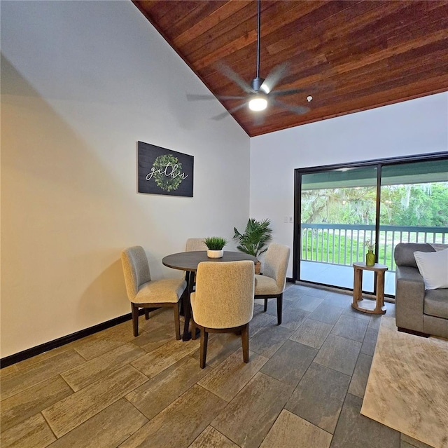 816 Pinewood Ct Unit 3126, Haines City, FL 33844 - dining room featuring wooden ceiling, wood finish floors, a ceiling fan, and high vaulted ceiling
