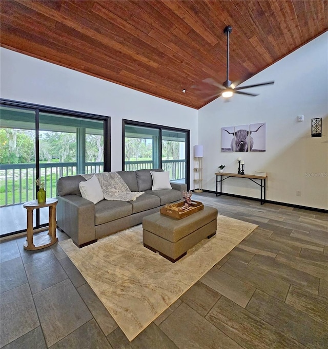 816 Pinewood Ct Unit 3126, Haines City, FL 33844 - living room with wooden ceiling, a ceiling fan, and high vaulted ceiling
