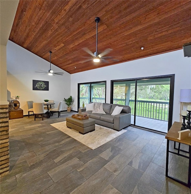816 Pinewood Ct Unit 3126, Haines City, FL 33844 - living area featuring a ceiling fan, wood ceiling, and high vaulted ceiling