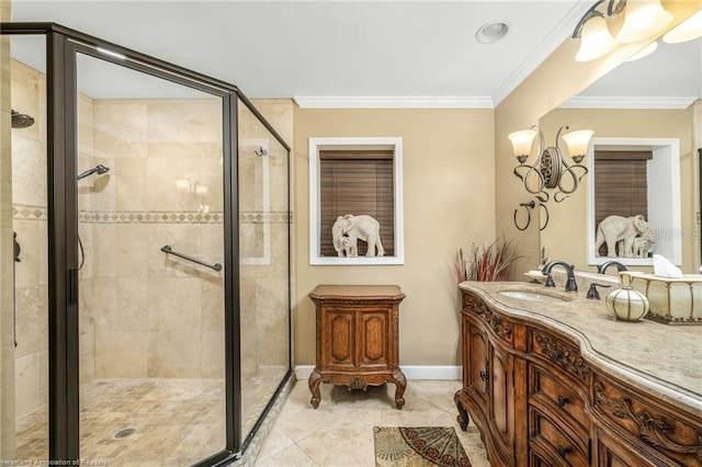 479 State Road 64 E, Zolfo Springs, FL 33890 - bathroom featuring vanity, a shower stall, a chandelier, tile patterned flooring, and crown molding