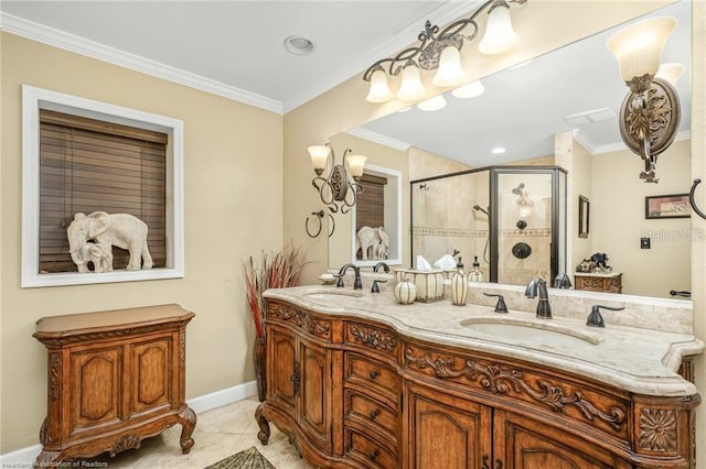 479 State Road 64 E, Zolfo Springs, FL 33890 - full bath with double vanity, a stall shower, crown molding, and tile patterned flooring