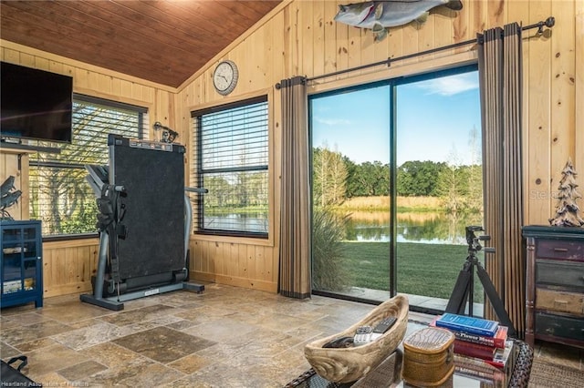479 State Road 64 E, Zolfo Springs, FL 33890 - workout area with lofted ceiling, wood walls, stone tile flooring, a water view, and wood ceiling