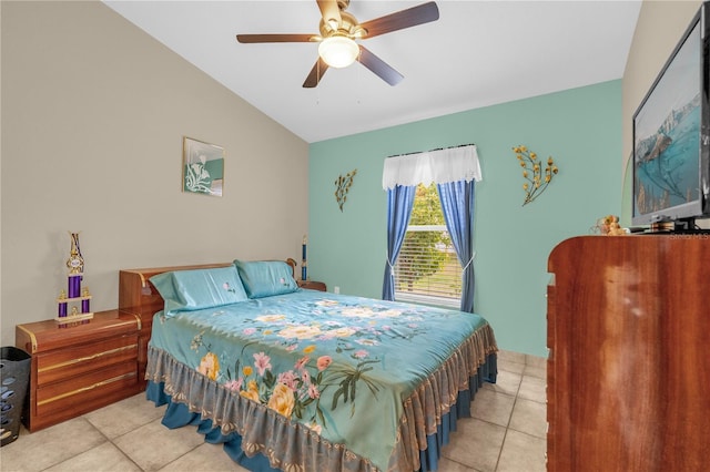 1366 Merrimack Pl, Davenport, FL 33837 - bedroom featuring tile patterned flooring, lofted ceiling, and a ceiling fan