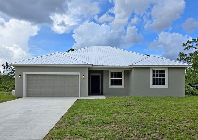 3040 W Joliet Rd, Avon Park, FL 33825 - ranch-style house featuring stucco siding, a garage, driveway, a front lawn, and a metal roof