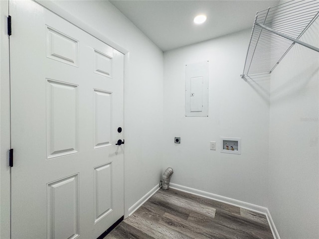 938 Glenwood Ave, Sebring, FL 33870 - laundry area with hookup for an electric dryer, electric panel, hookup for a washing machine, wood finished floors, and recessed lighting