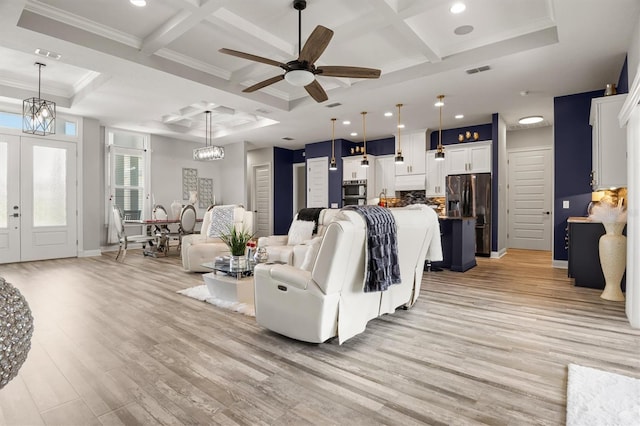 545 Pond Cypress Ct, Auburndale, FL 33823 - living area featuring coffered ceiling, light wood finished floors, recessed lighting, crown molding, and ceiling fan